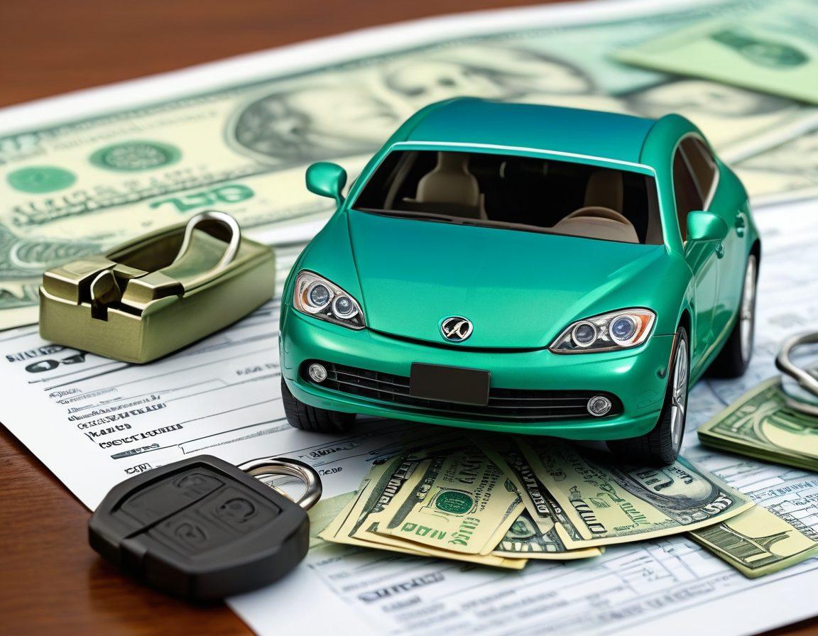 A close-up of a car key unlocking a padlock shaped like a car, surrounded by flying dollar bills and insurance documents. In the background, a diverse group of people discussing car insurance options, showcasing a sense of community and affordability. The color scheme reflects trust and reliability with shades of blue and green. super-realistic. vibrant colors. soft focus.