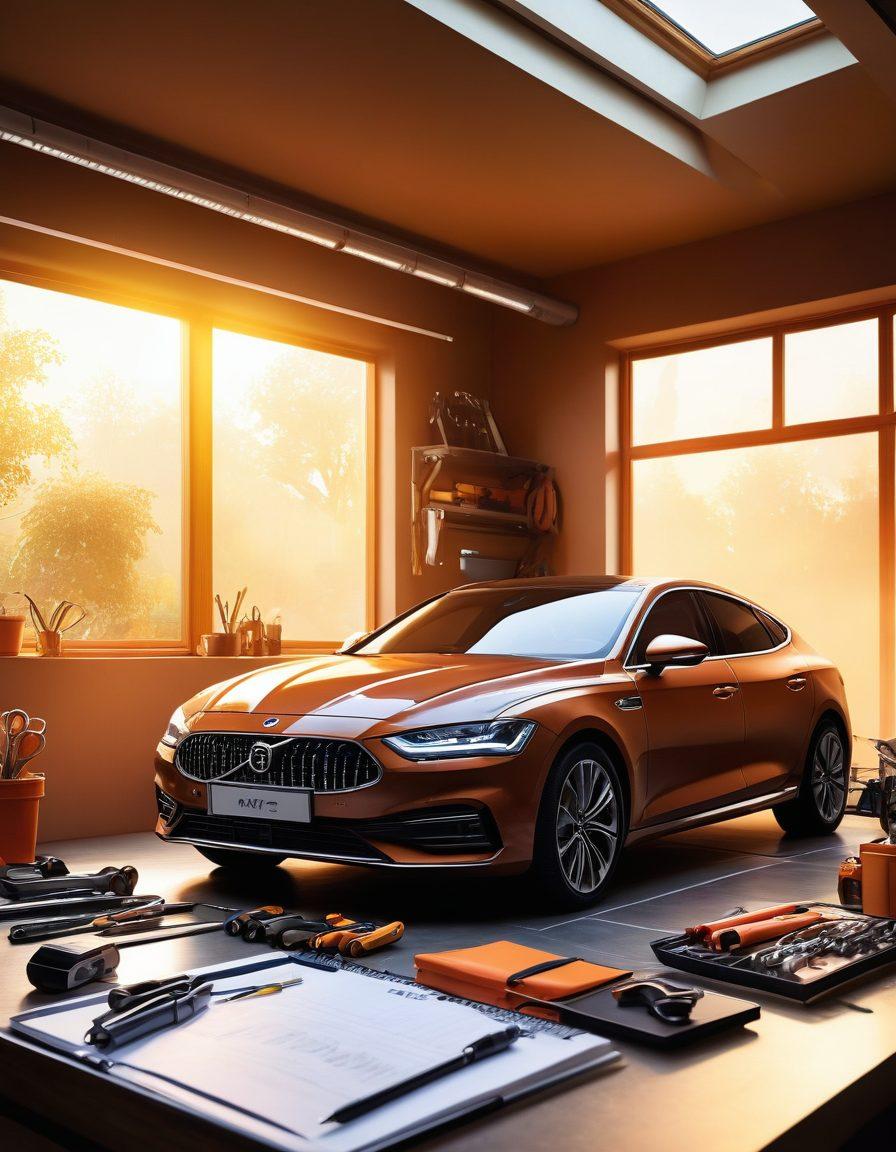 A cozy garage scene featuring a shiny car with protective covers, surrounded by tools and an open laptop displaying car insurance quotes. Sunlight streams in, highlighting the car's sleek lines and quality. A notepad with checklists lies open nearby, symbolizing research and budget planning. Warm colors evoke a sense of comfort and reliability in car protection finding. super-realistic. vibrant colors. soft lighting.