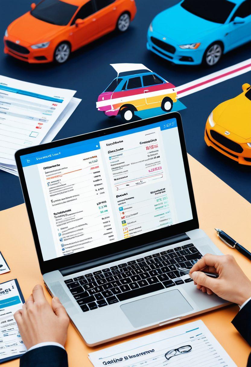 A split-screen illustration showcasing two scenarios: one side features a wallet overflowing with car insurance quotes, with magnifying glasses highlighting the details; on the other side, a person happily reviewing various car insurance policies on a laptop against a backdrop of cars. Include elements like a checklist and a calculator to represent comparison. vibrant colors. modern graphic design. flat style.